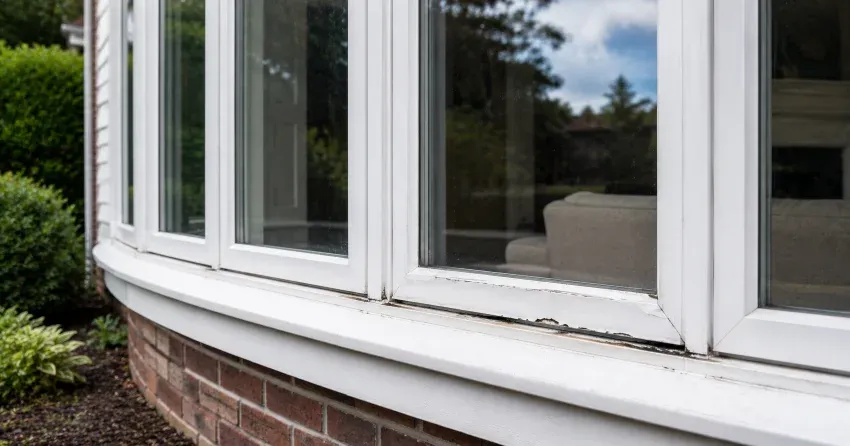 technician inspecting bow window frame and seal for damage in Tillsonburg