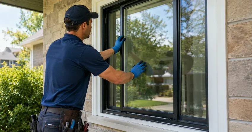 technician measuring a broken window pane for replacement in Corinth, Tillsonburg