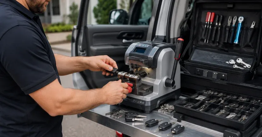 technician cutting a replacement car door lock key in Milldale, Tillsonburg