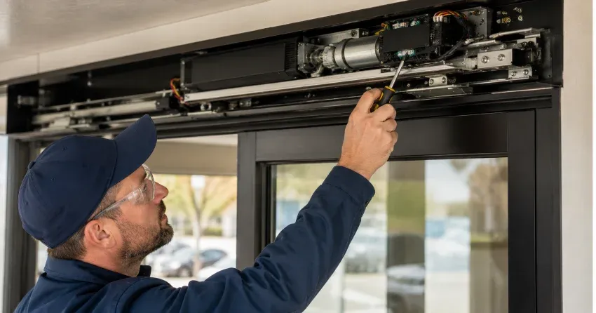 technician completing automatic door repair on residential property in Otterville, Tillsonburg