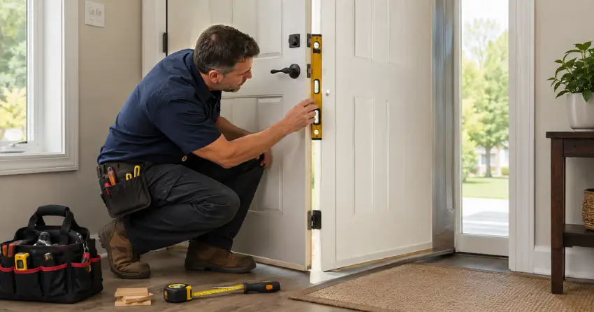 technician diagnosing a misaligned door frame in Culloden, Tillsonburg