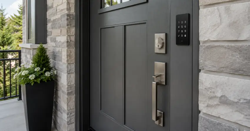 High-security door hardware and access control keypad installed on a residential entry door in Tillsonburg