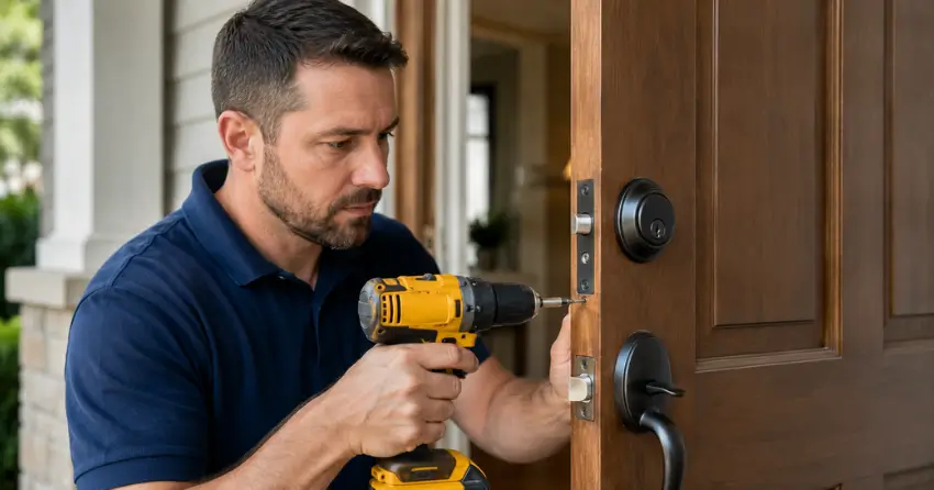 technician installing a new deadbolt during Change Door Lock Culloden, Tillsonburg service