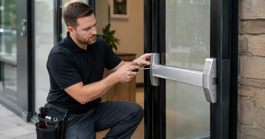 commercial locksmith repairing exit device on storefront door Culloden, Tillsonburg