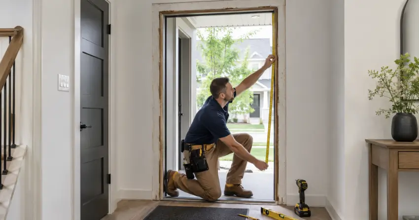 technician measuring a door frame before new door installation in Corinth, Tillsonburg