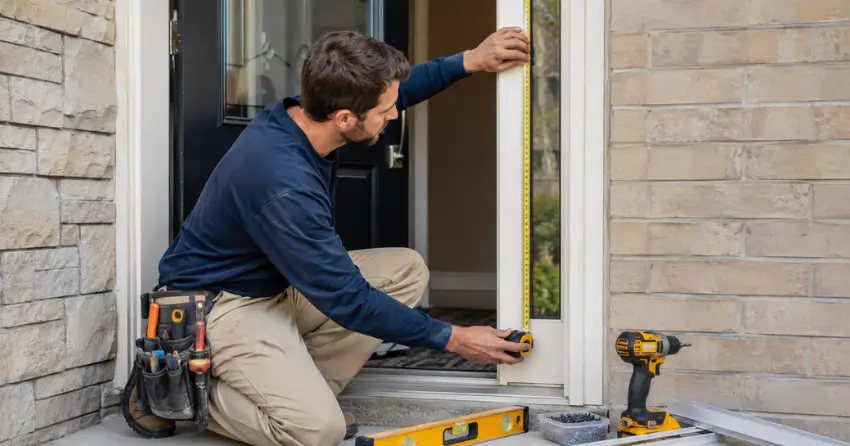 technician measuring door frame before storm door install in Otterville, Tillsonburg