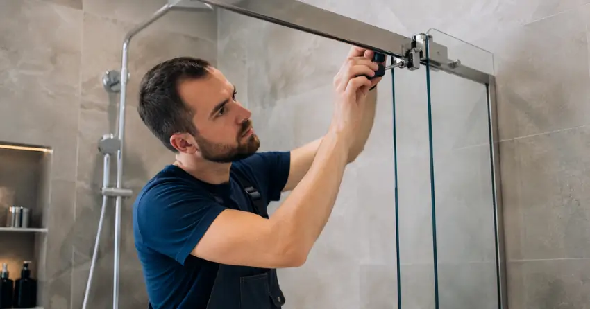technician adjusting shower door hinge and track in Tillsonburg