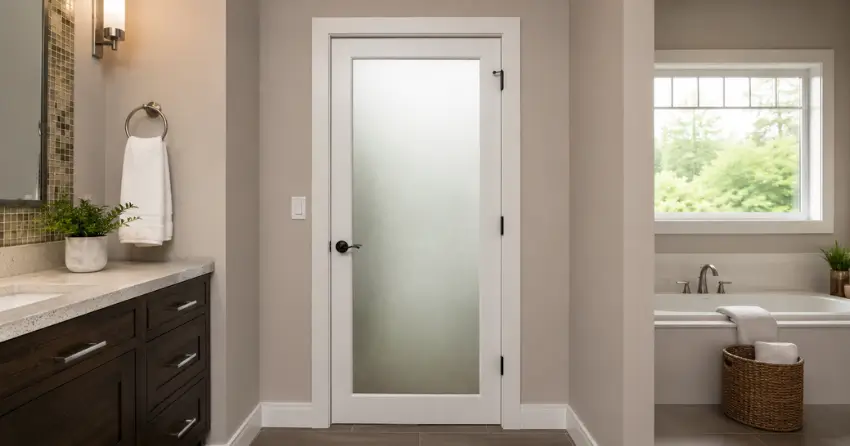 frosted glass panel bathroom door installed in a Springfield, Tillsonburg home