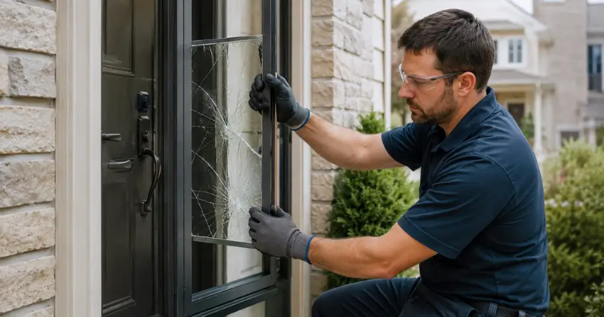 technician removing cracked storm door glass panel in Holbrook, Tillsonburg