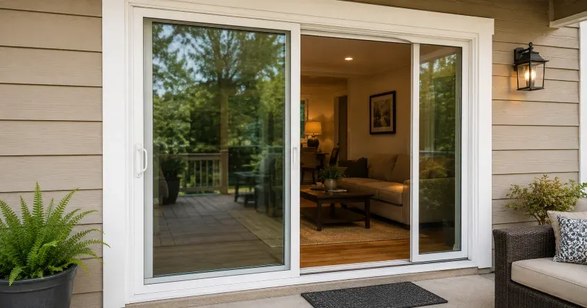 Patio Door Installation technician setting a new frame in Springfield, Tillsonburg