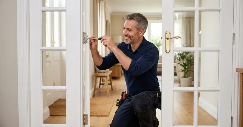 technician adjusting French door hinge for proper alignment in Frogmore, Tillsonburg