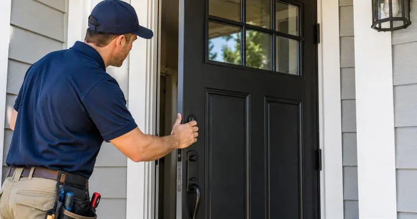 technician adjusting door hinge and strike plate in Mount Elgin, Tillsonburg home