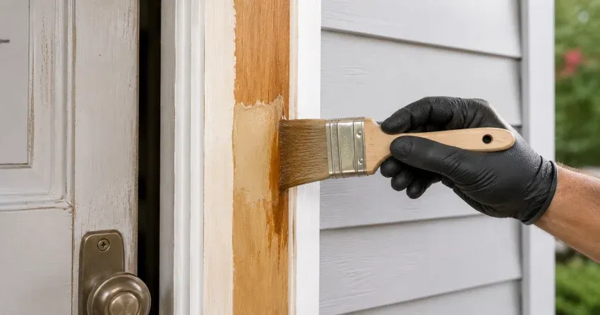 technician probing rotted wood on a door frame in Springford, Tillsonburg
