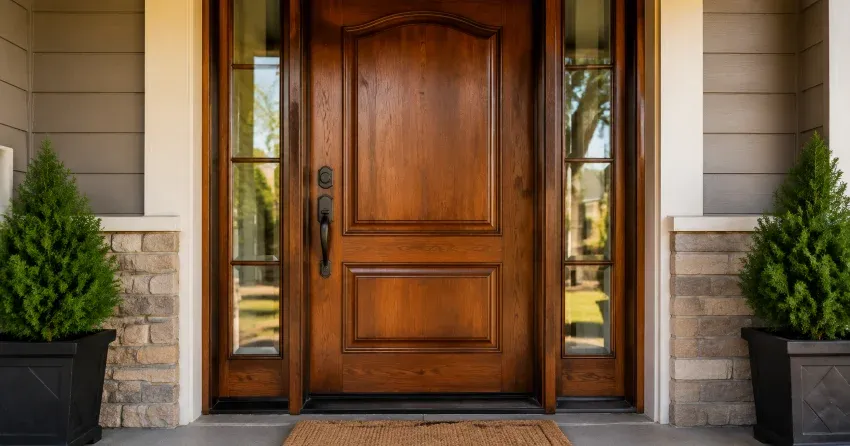 wood door mid-restoration showing stripped bare wood in Springfield, Tillsonburg