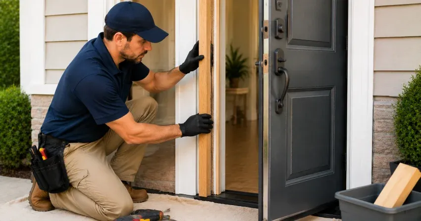 technician inspecting damaged door frame corner in Springfield, Tillsonburg