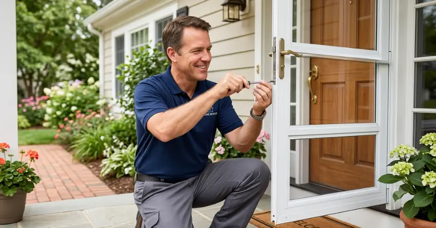 technician adjusting storm door hinge and closer in Holbrook, Tillsonburg